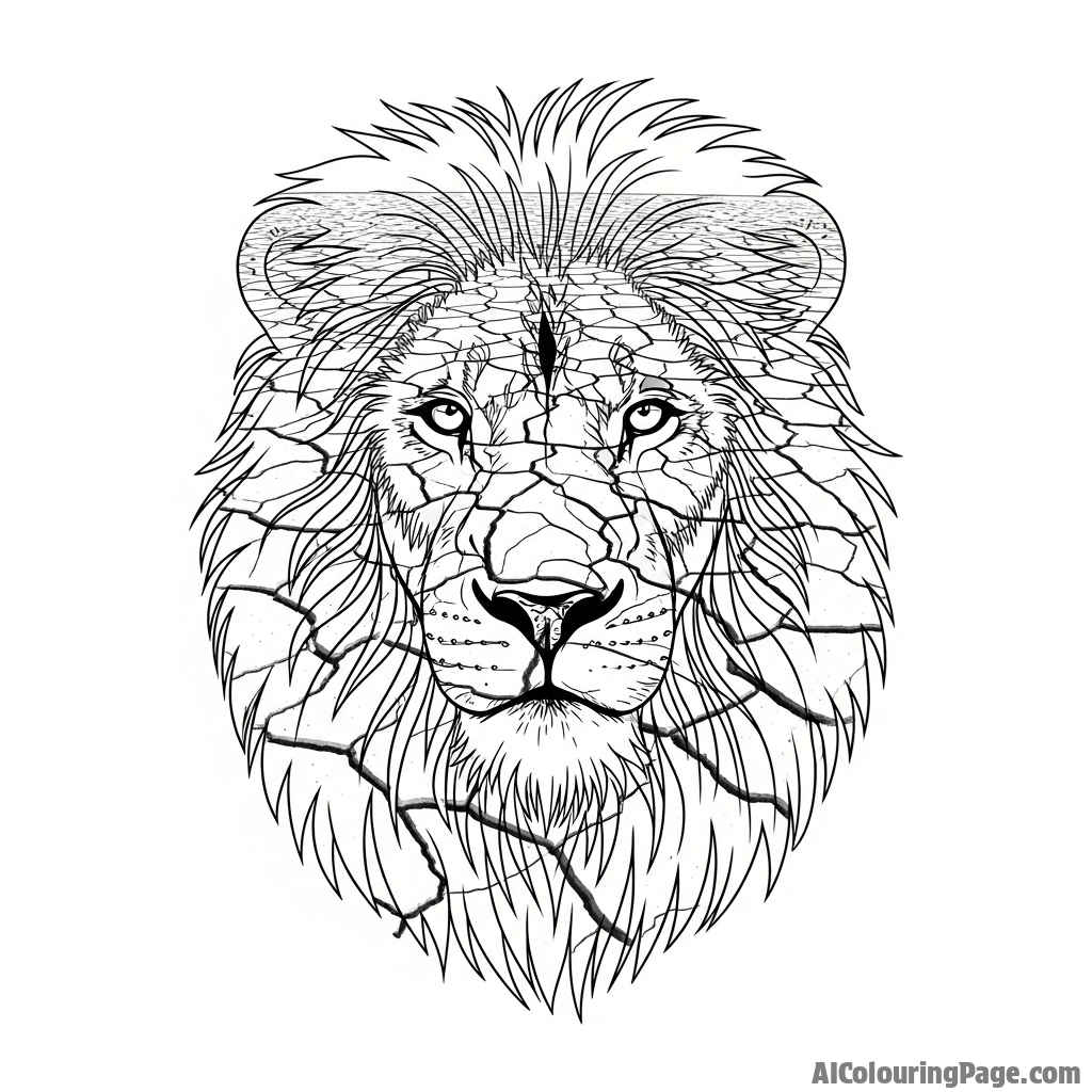 A lion's face created through a double exposure with a cracked desert floor.
