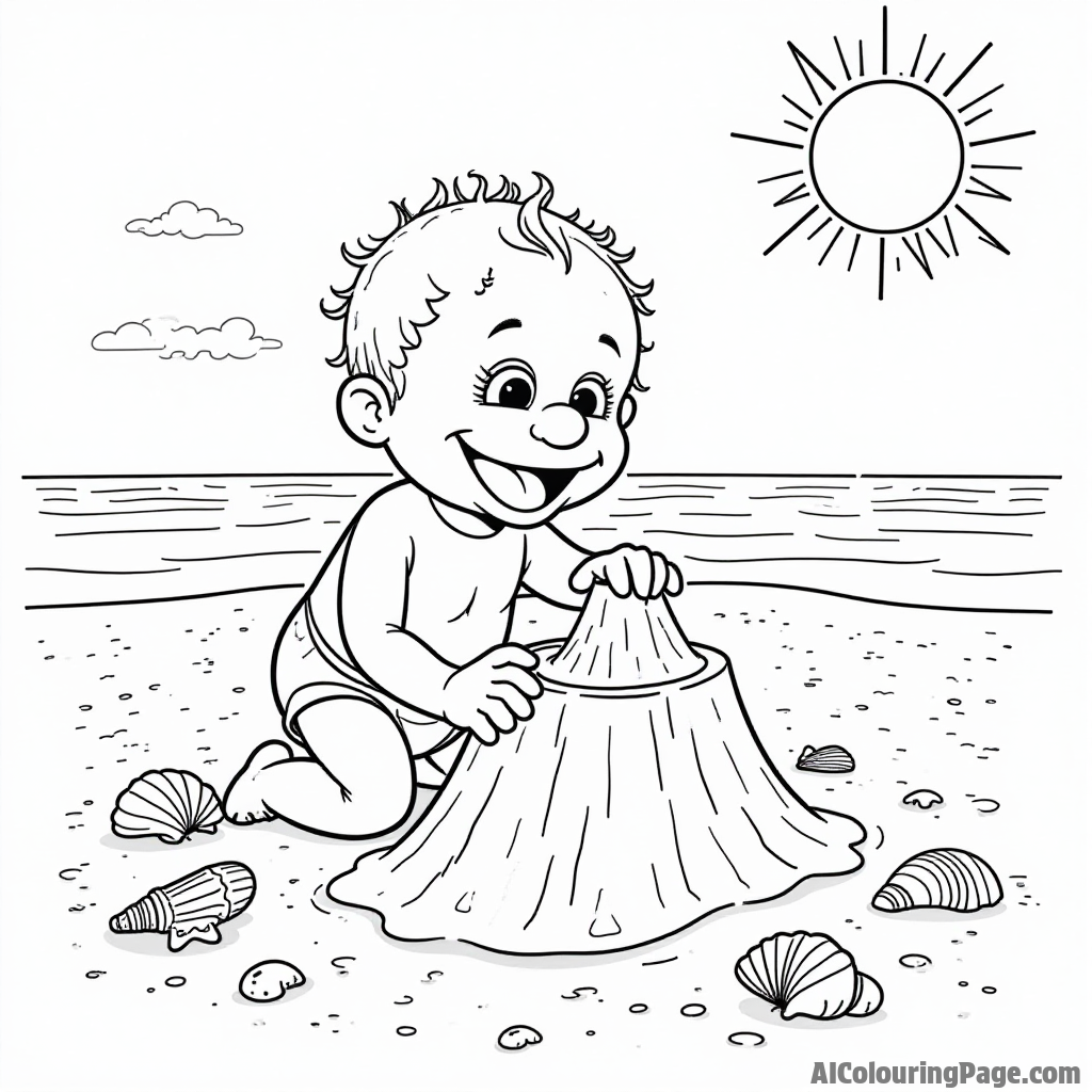 A Muppet baby building a sandcastle at the beach, with seashells and a bright sun shining in the sky above.