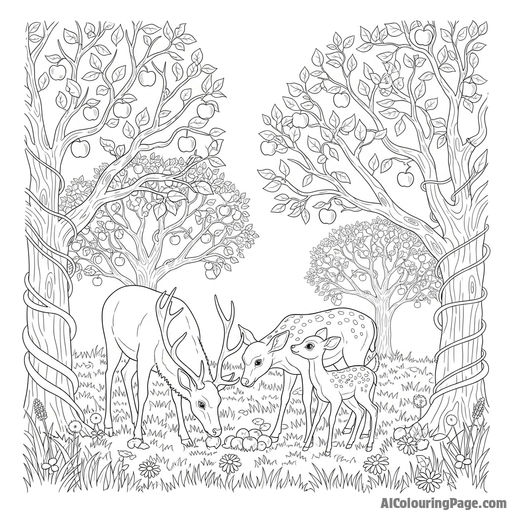 A family of deer foraging in an abandoned apple orchard.