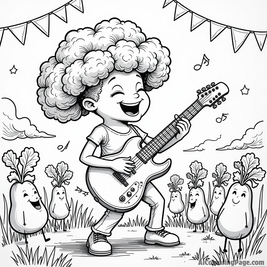 A joyful broccoli playing the guitar at a lively music festival with dancing vegetables and colorful banners in the air.