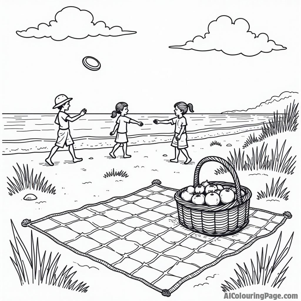 A beach picnic with a checkered blanket, a picnic basket filled with fruits, and children playing frisbee nearby.