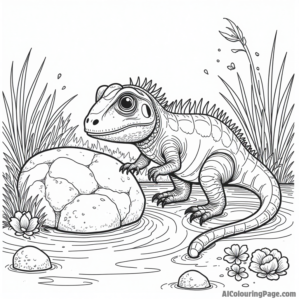 A curious iguanodon examining a shiny rock in a sparkling stream surrounded by lush greenery and flowers.