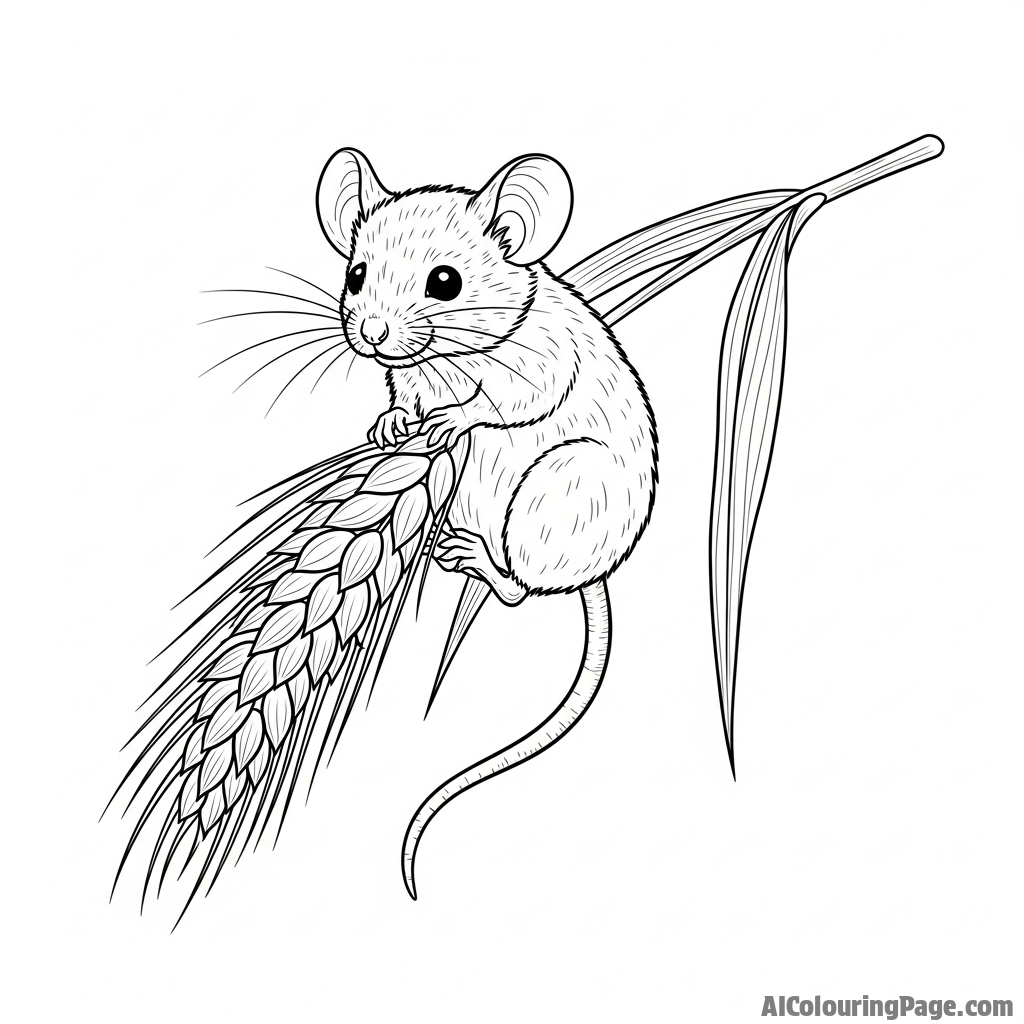 An oil painting of a harvest mouse clinging to a stalk of grain.