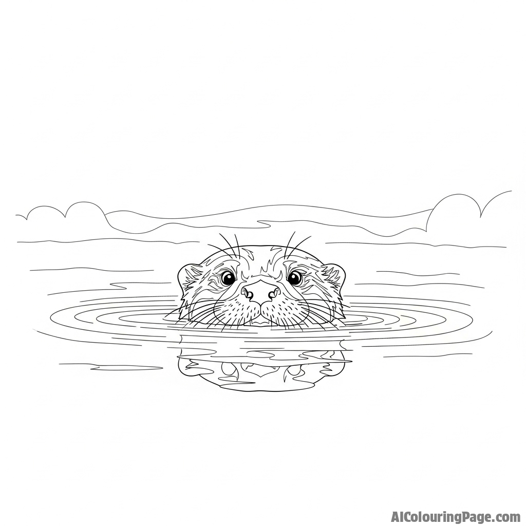 An otter’s head breaking the surface of a still, misty pond at dawn.