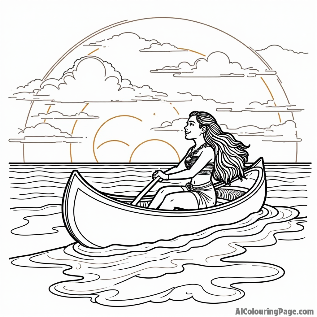 A beautiful sunset over the ocean with Moana and her canoe silhouetted against warm colors and gentle waves.