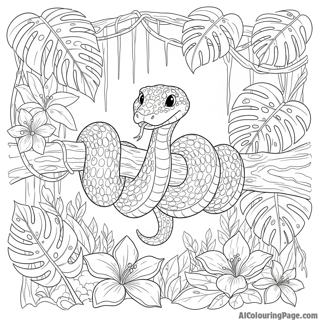 A snake coiled around a branch in a dense, humid jungle
