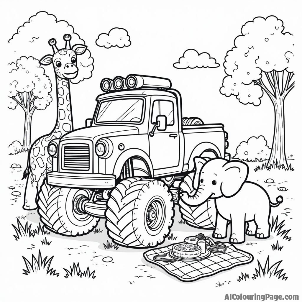 A playful monster truck surrounded by cartoon animals, like a giraffe and elephant, having a picnic in a park, creating a fun and whimsical scene for kids to color.