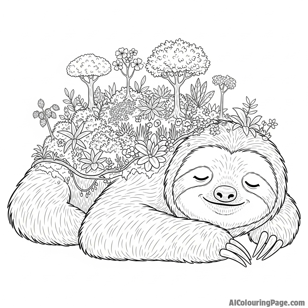 A giant, gentle sloth with a whole ecosystem of tiny plants growing on its back.