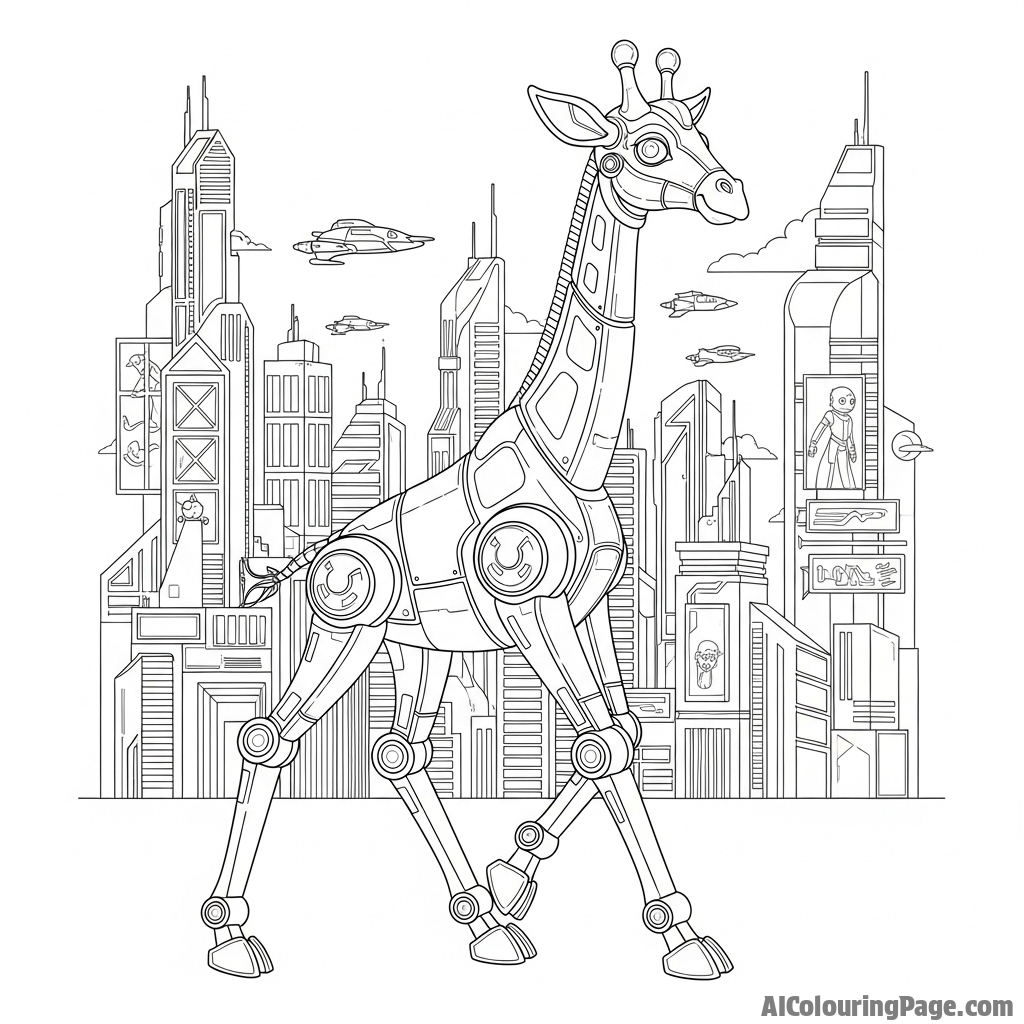 A futuristic, robotic giraffe striding through a neon-lit sci-fi cityscape.