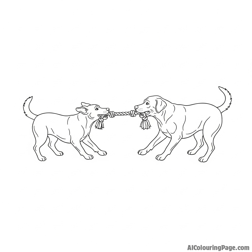 Two dogs playing a game of tug-of-war with a rope toy.