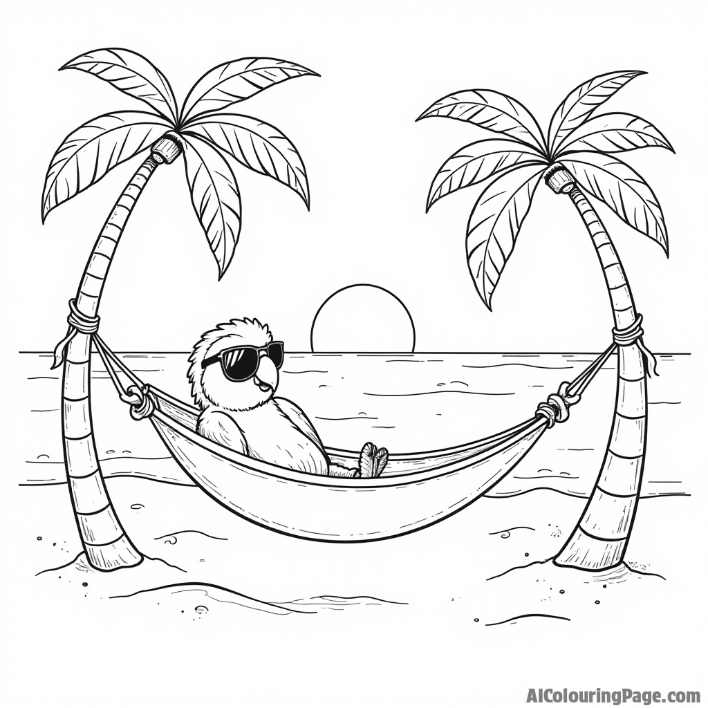 A parrot wearing sunglasses relaxing in a hammock tied between two palm trees on a sunny beach