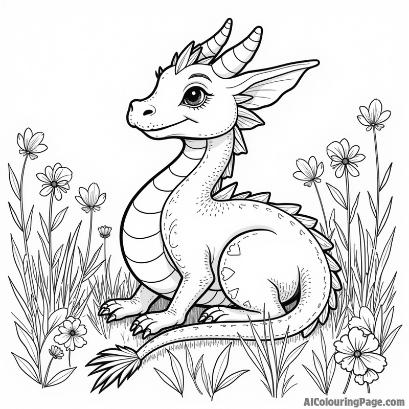 Dragon resting in a field of flowers