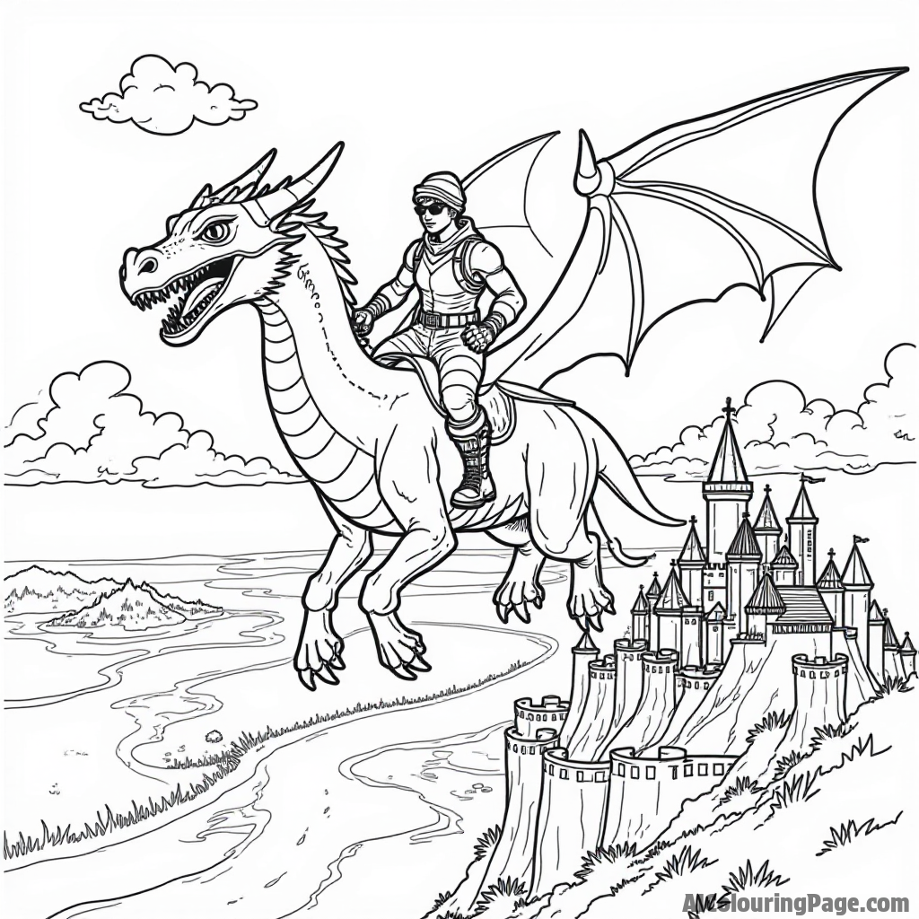 A Fortnite character riding a giant dragon over a fantastical landscape with castles and rivers below for kids to color