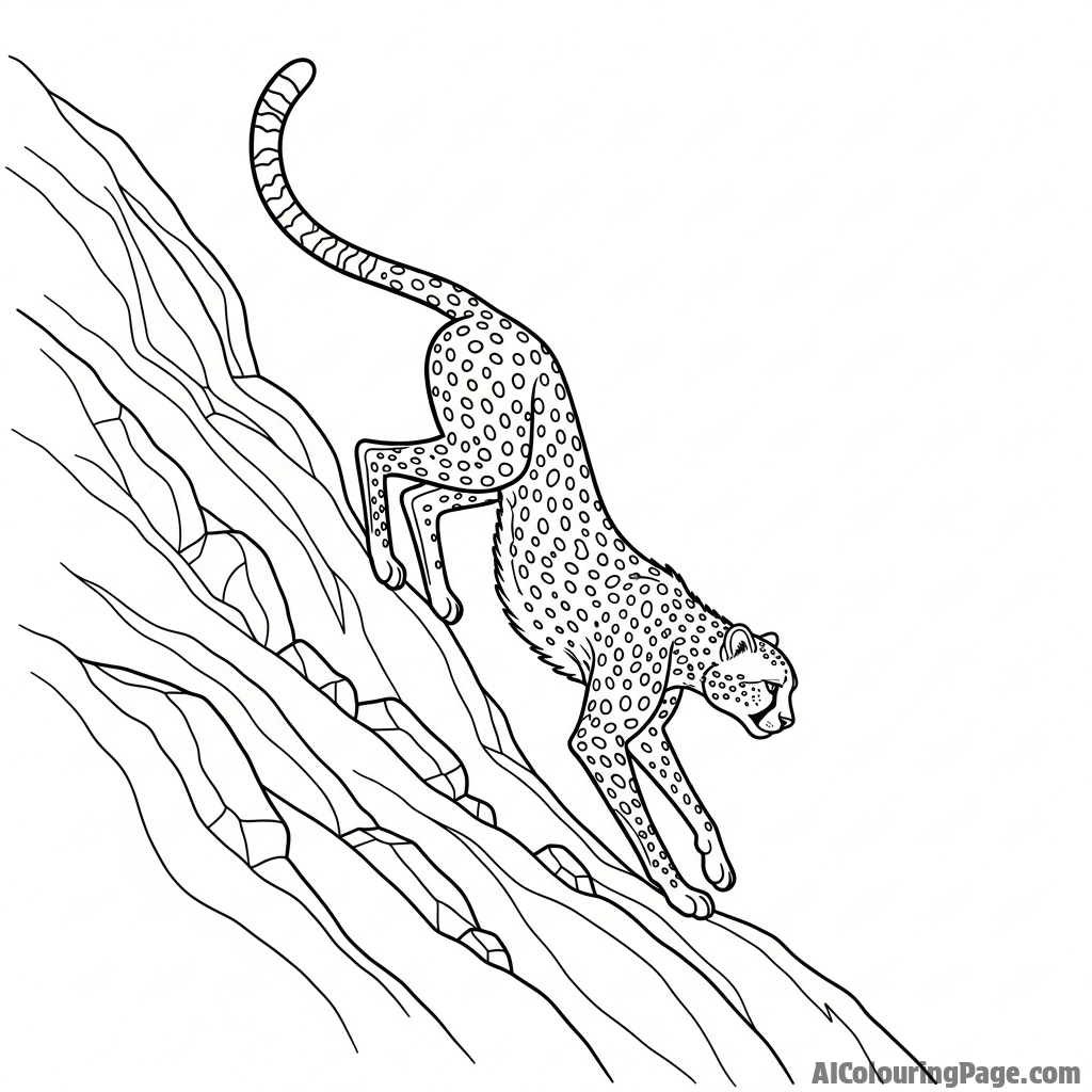 The liquid, flowing movement of a cheetah as it descends a steep, rocky incline.