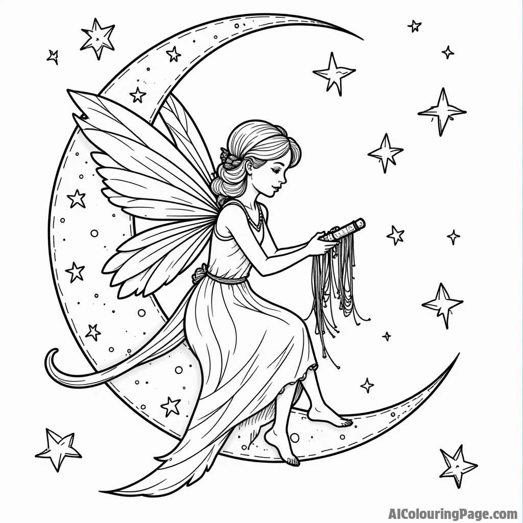 A fairy weaving a tapestry of stars while perched on a crescent moon in a starlit sky