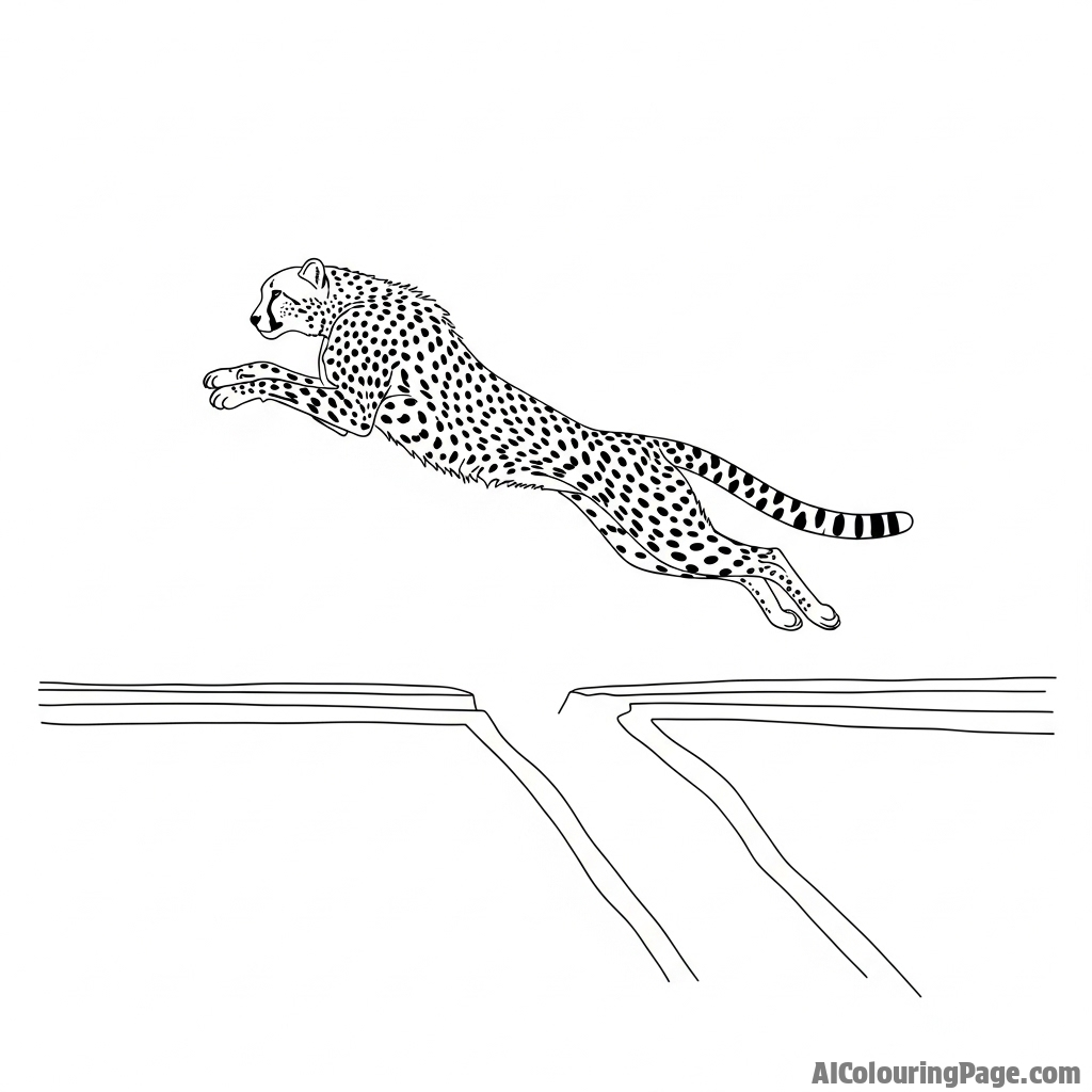 A cheetah leaping over a small gully, its body suspended gracefully in mid-air.