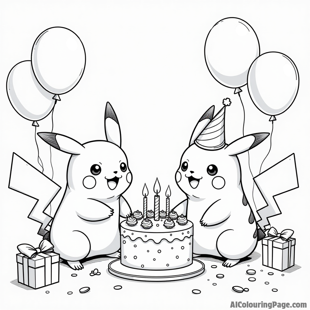 Pikachu and friends having a birthday party with balloons, cake, and presents scattered around