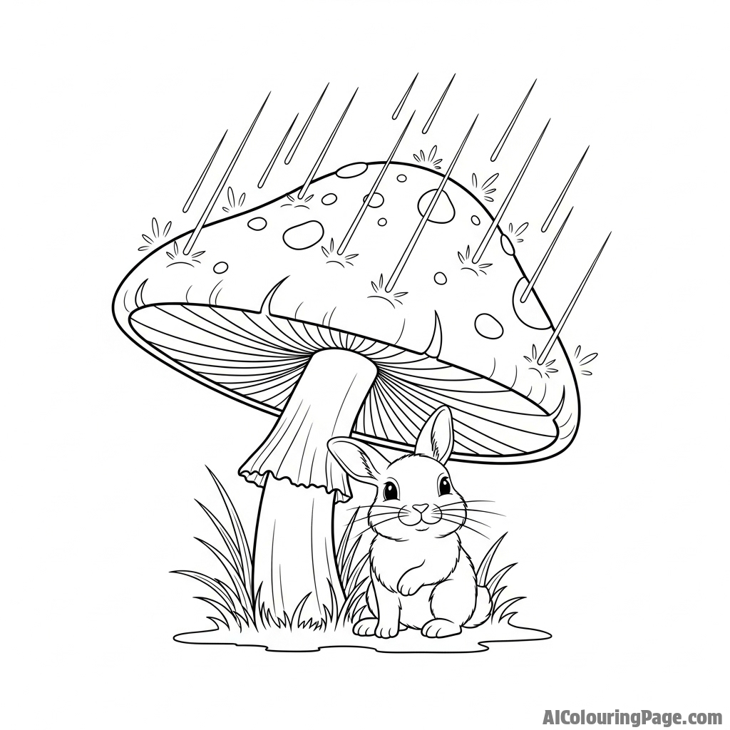 A rabbit finding shelter from a downpour under a giant toadstool.