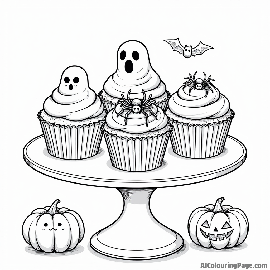 A collection of spooky Halloween-themed cupcakes decorated with ghosts, spiders, and pumpkins on a cake stand.