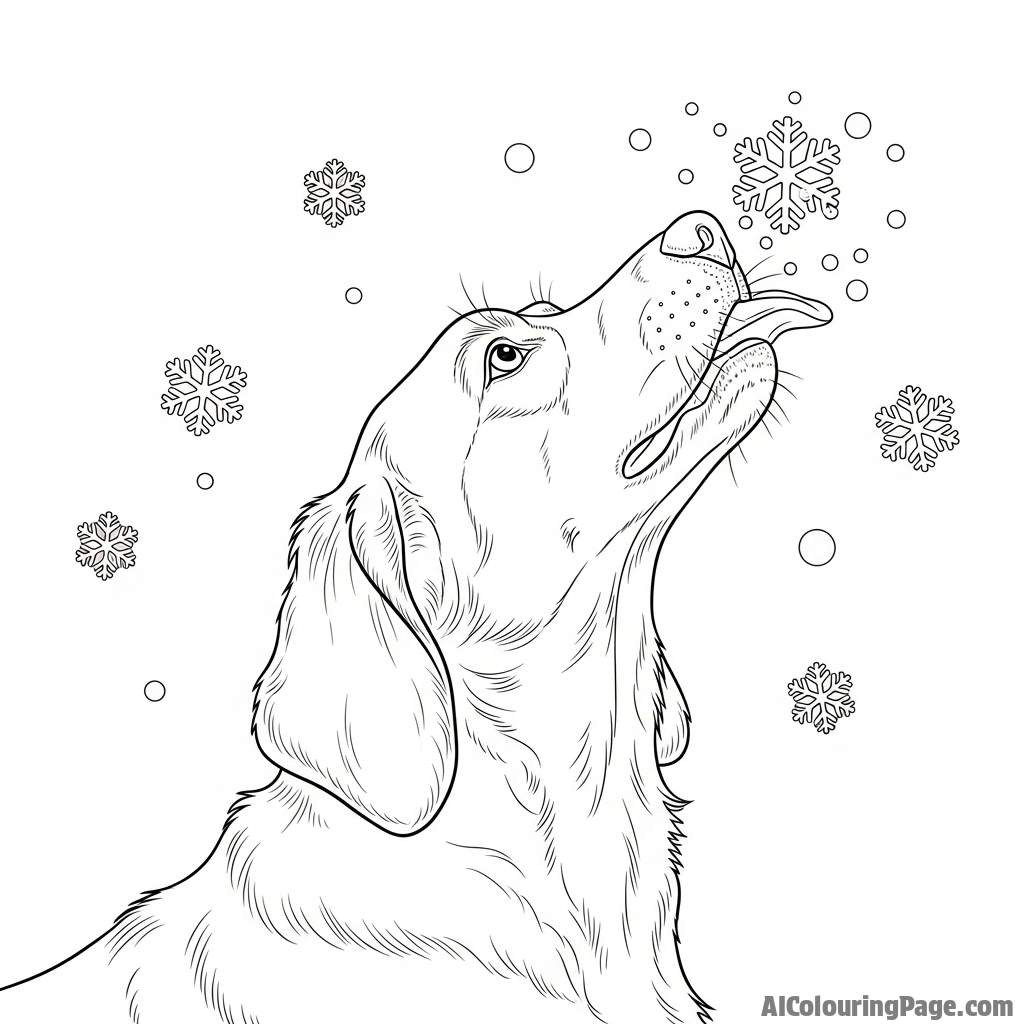 A dog trying to catch snowflakes on its tongue during a snowfall.
