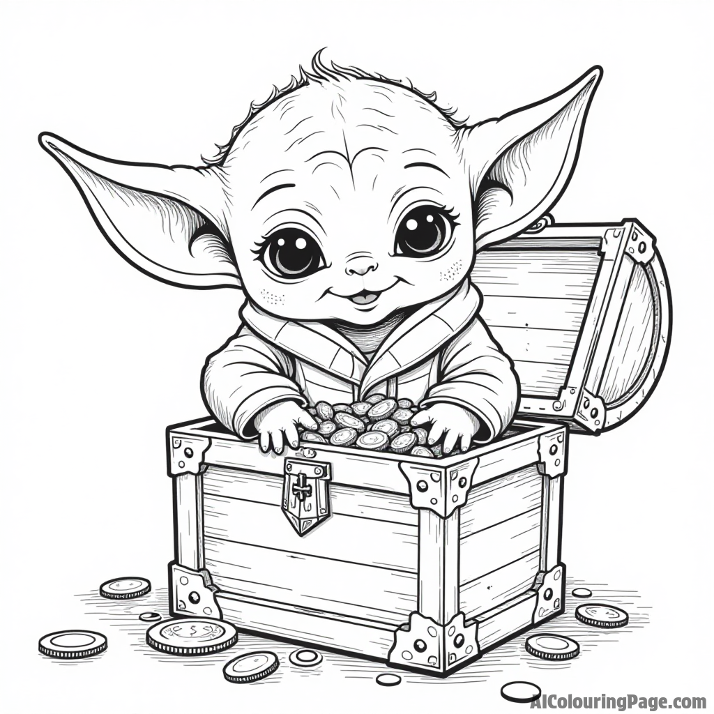 Baby Yoda exploring a treasure chest overflowing with gold coins and shiny jewels