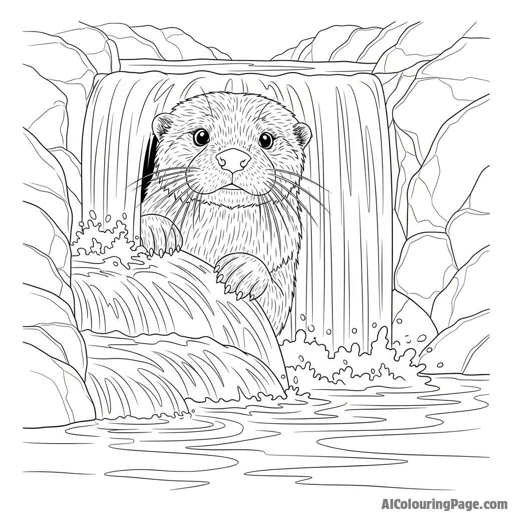 An otter peeking through the curtain of a cascading waterfall.