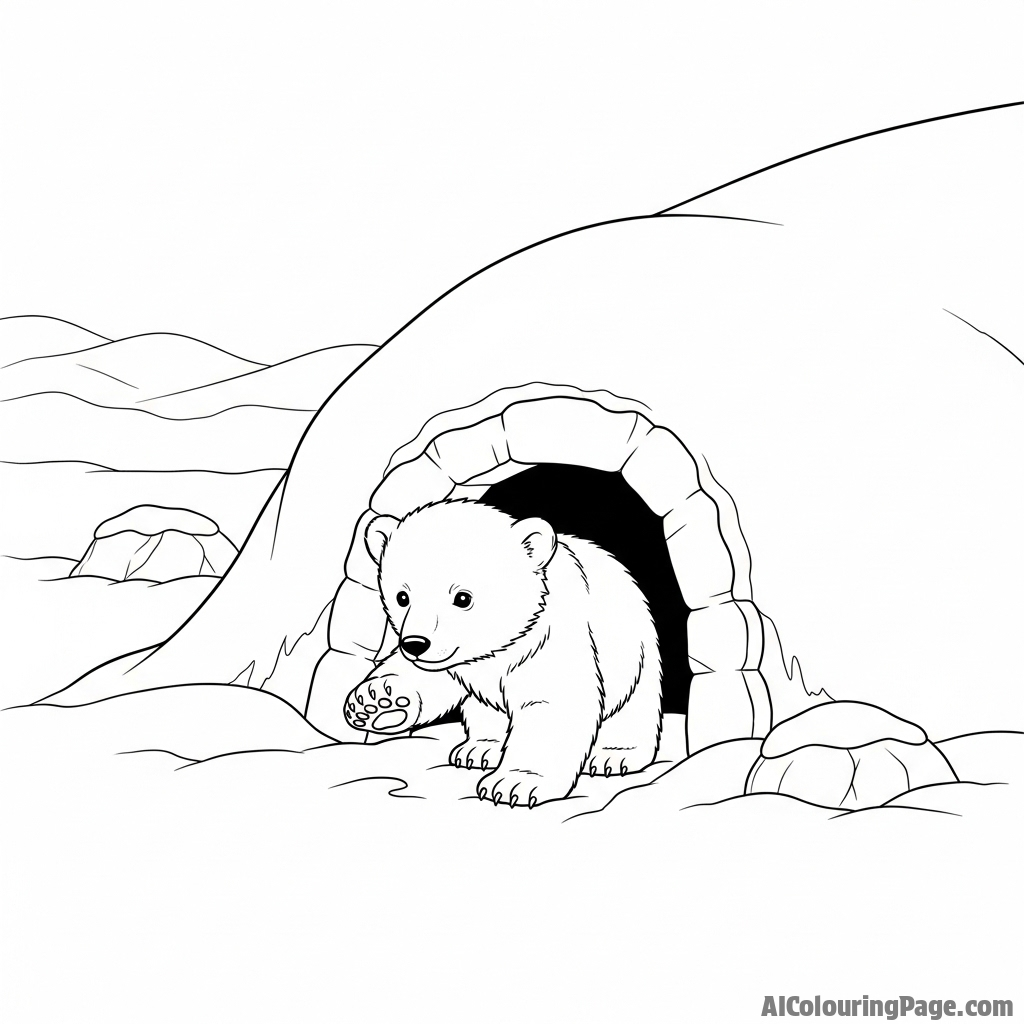 A polar bear cub cautiously taking its first steps outside the den.