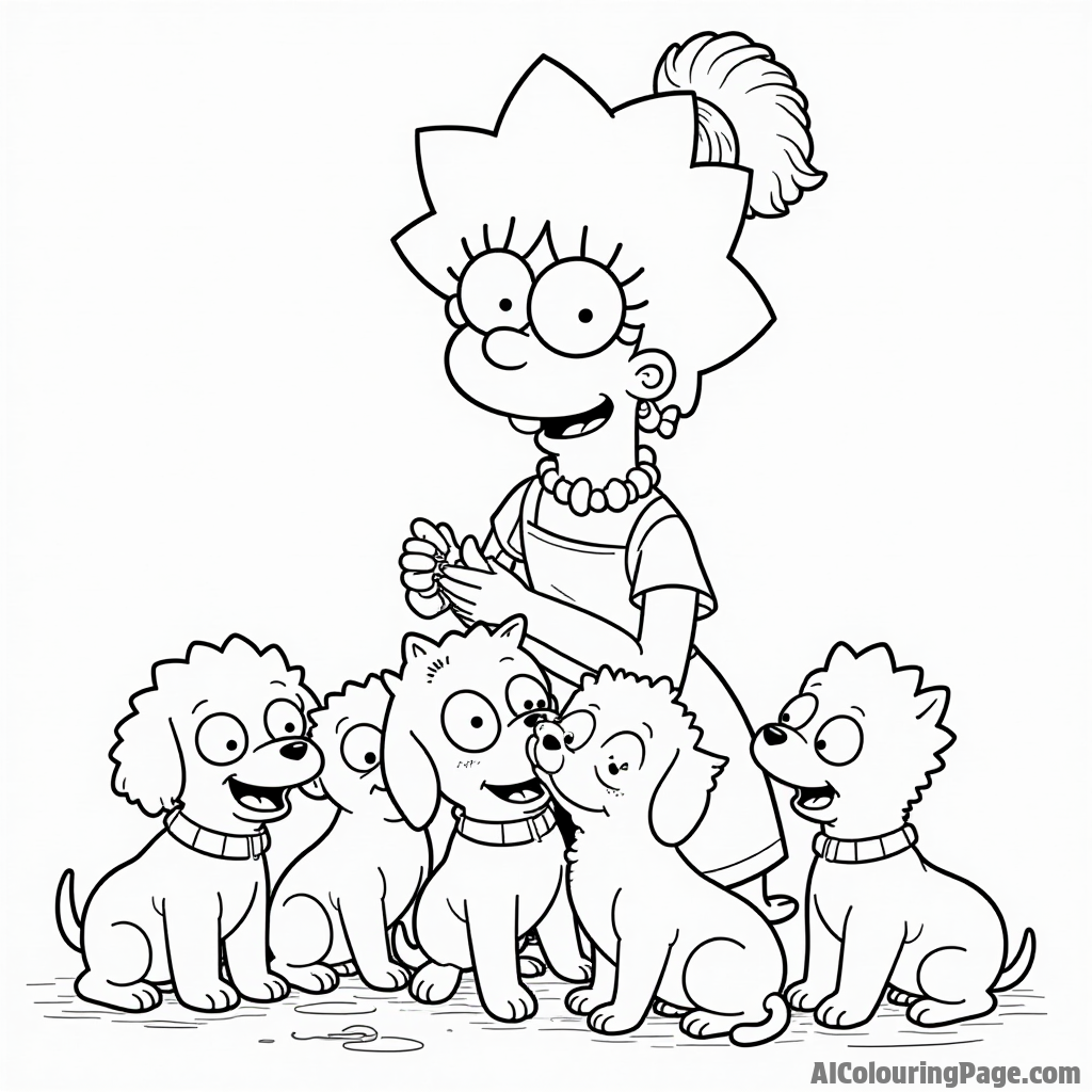 Lisa Simpson volunteering at the animal shelter, surrounded by cute puppies and kittens with a nurturing expression on her face.