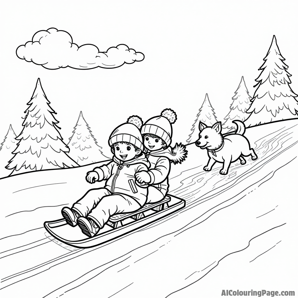 Children sledding down a snowy hill with a dog chasing them and fluffy clouds in a clear sky.