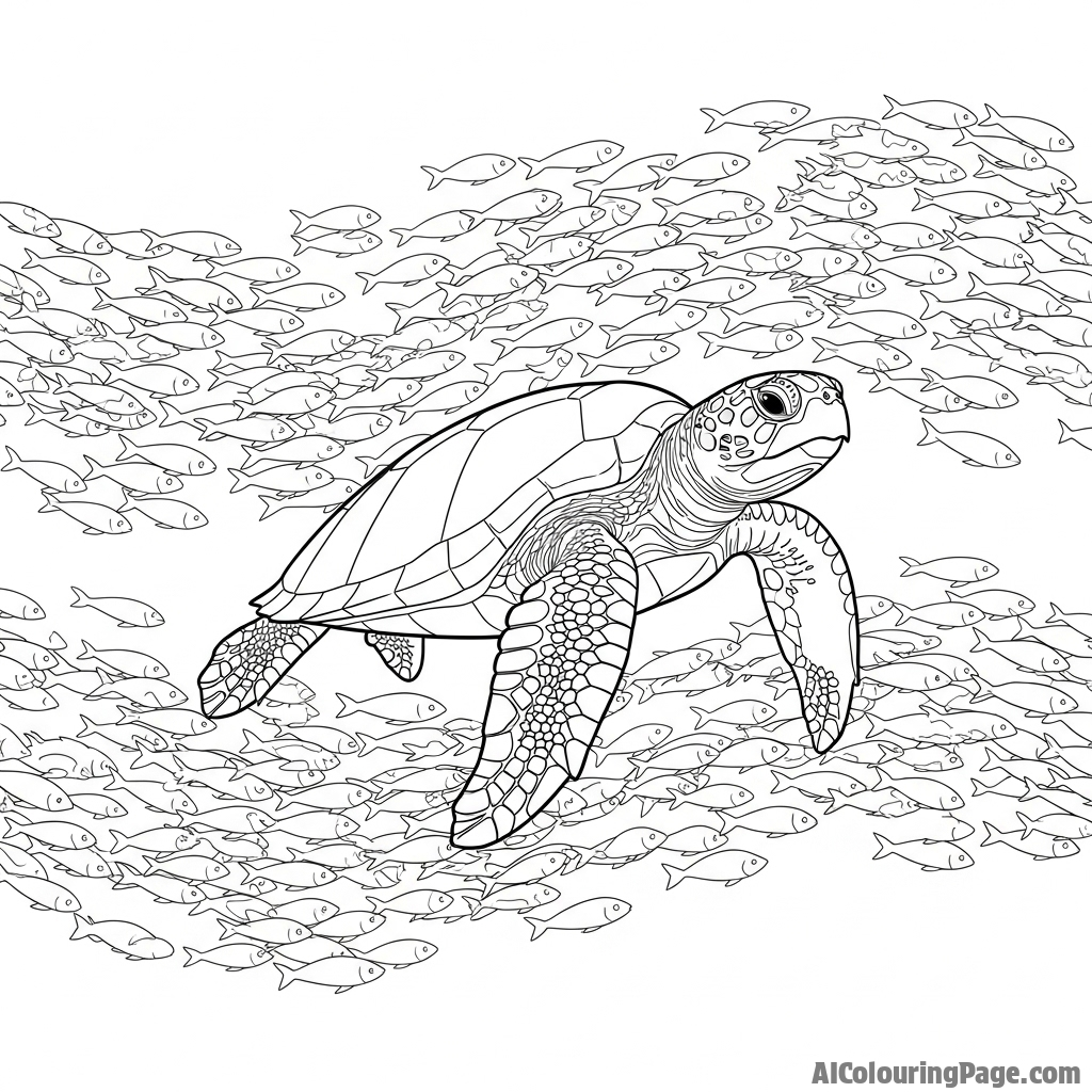 A turtle swimming through a school of shimmering fish.