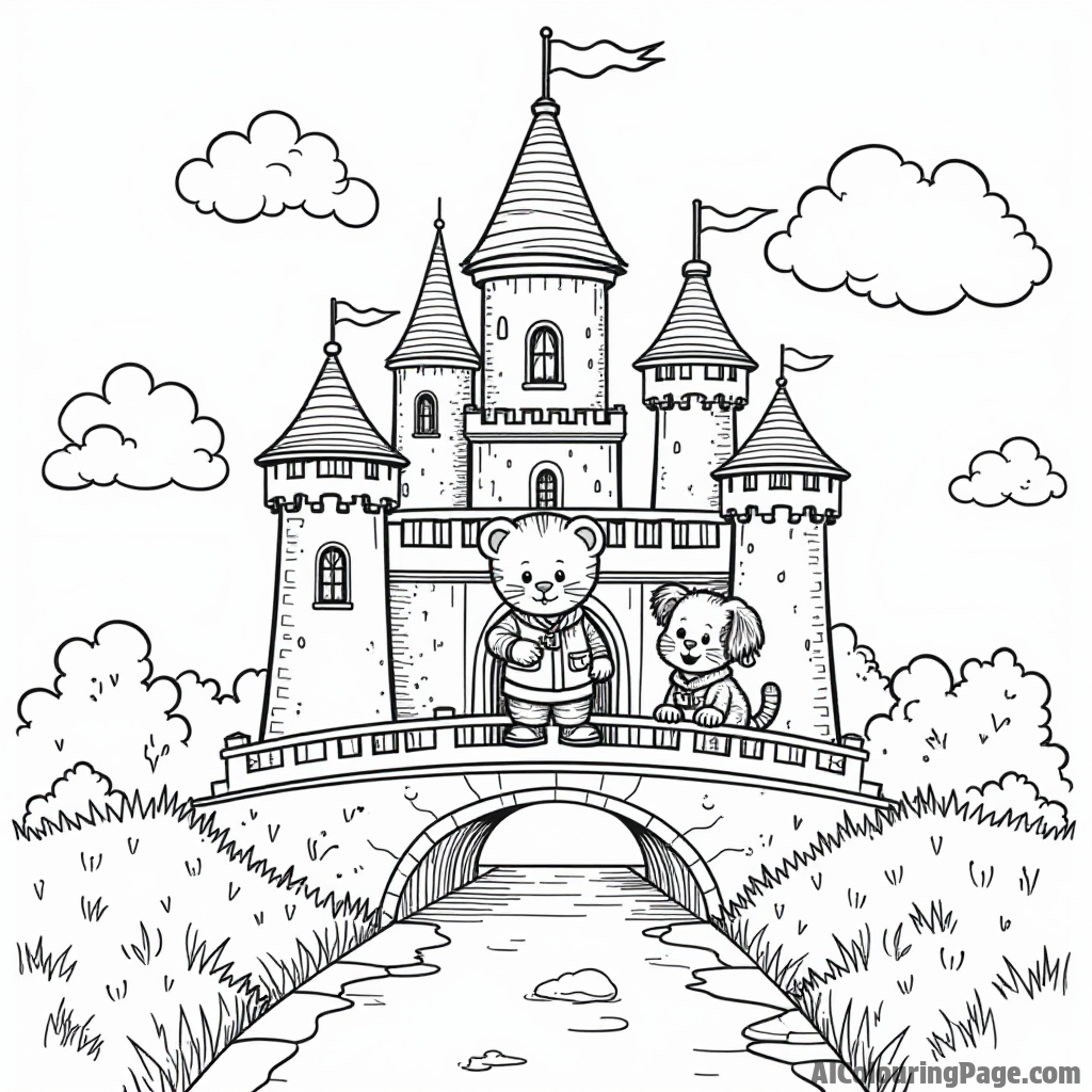 Daniel Tiger and his friends playing in a magical castle with turrets, flags, and a drawbridge over a moat.