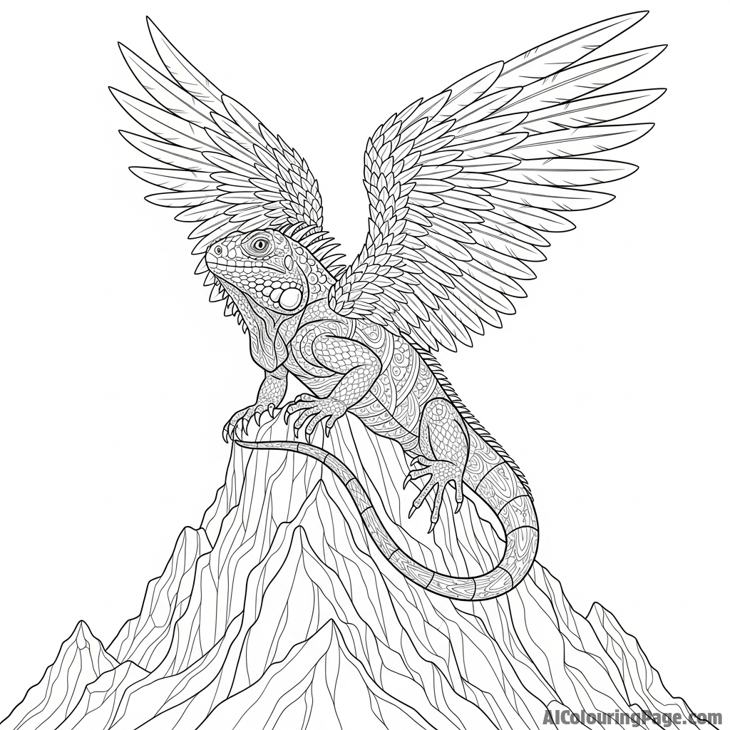 A fantasy illustration of an iguana with feathery wings, sitting atop a mountain peak.