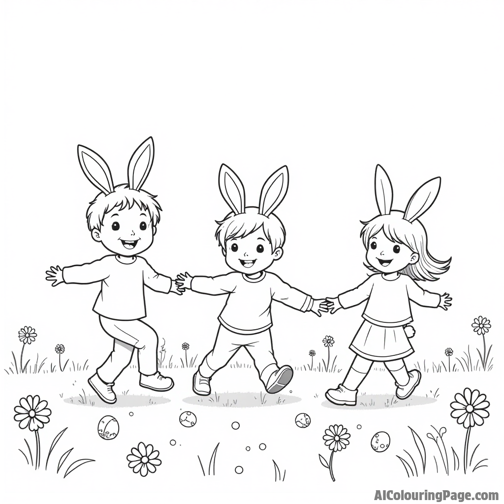 A group of children wearing bunny ears playing tag in a field filled with daisies and hidden Easter surprises.