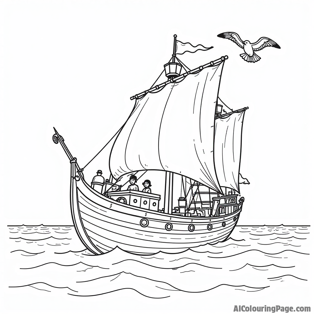 A Roman ship sailing on the Mediterranean Sea, with sails billowing in the wind and seagulls overhead, capturing maritime adventures for kids to color.