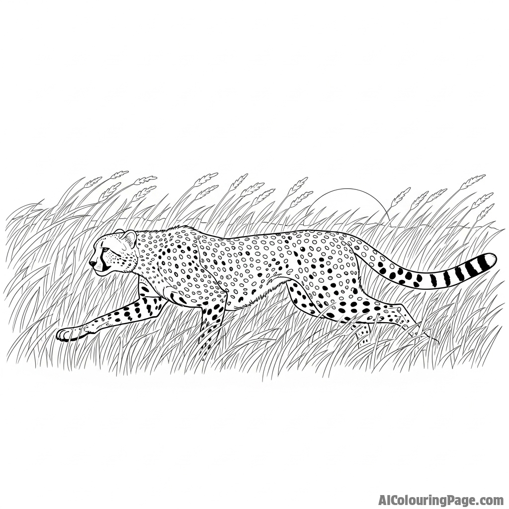 A cheetah moving like a ghost through the tall, dry grass at dusk.