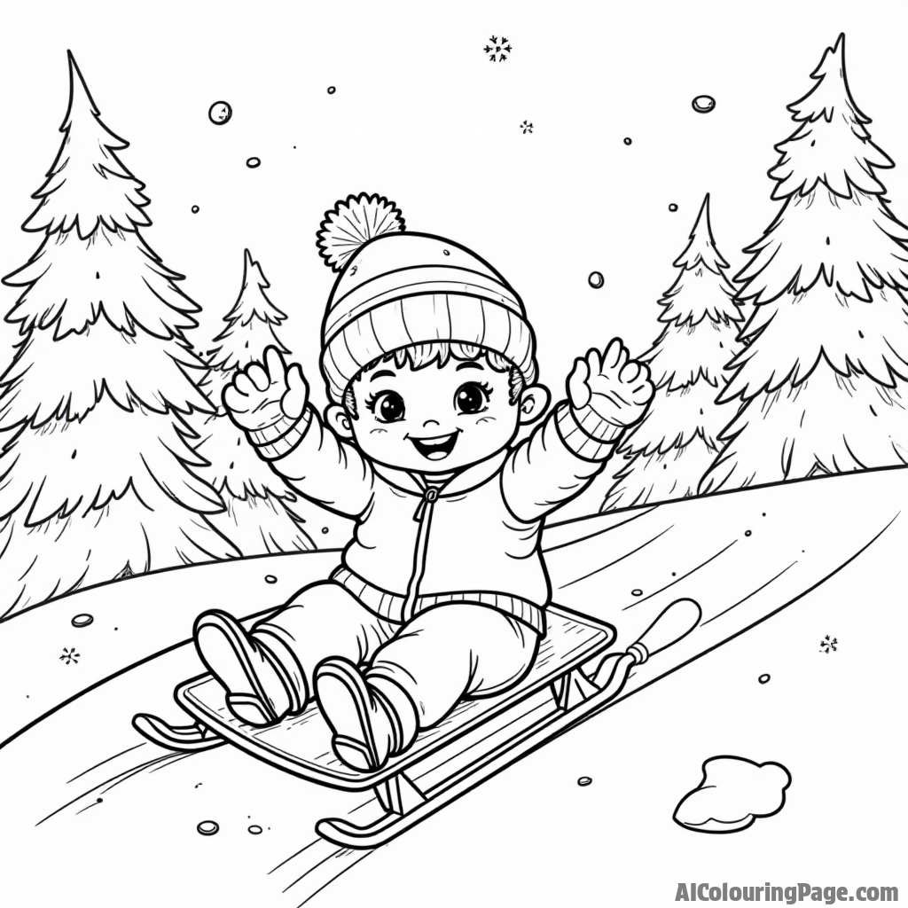 A cheerful child sliding down a snowy hill on a colorful sled, with a snowman waving nearby and tall pine trees framing the scene for an enjoyable winter sports coloring experience.