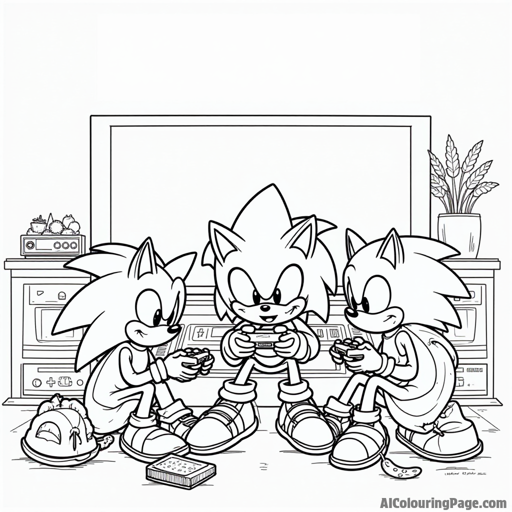 Sonic playing video games with friends, surrounded by colorful game consoles and snacks, enjoying a fun gaming session together.