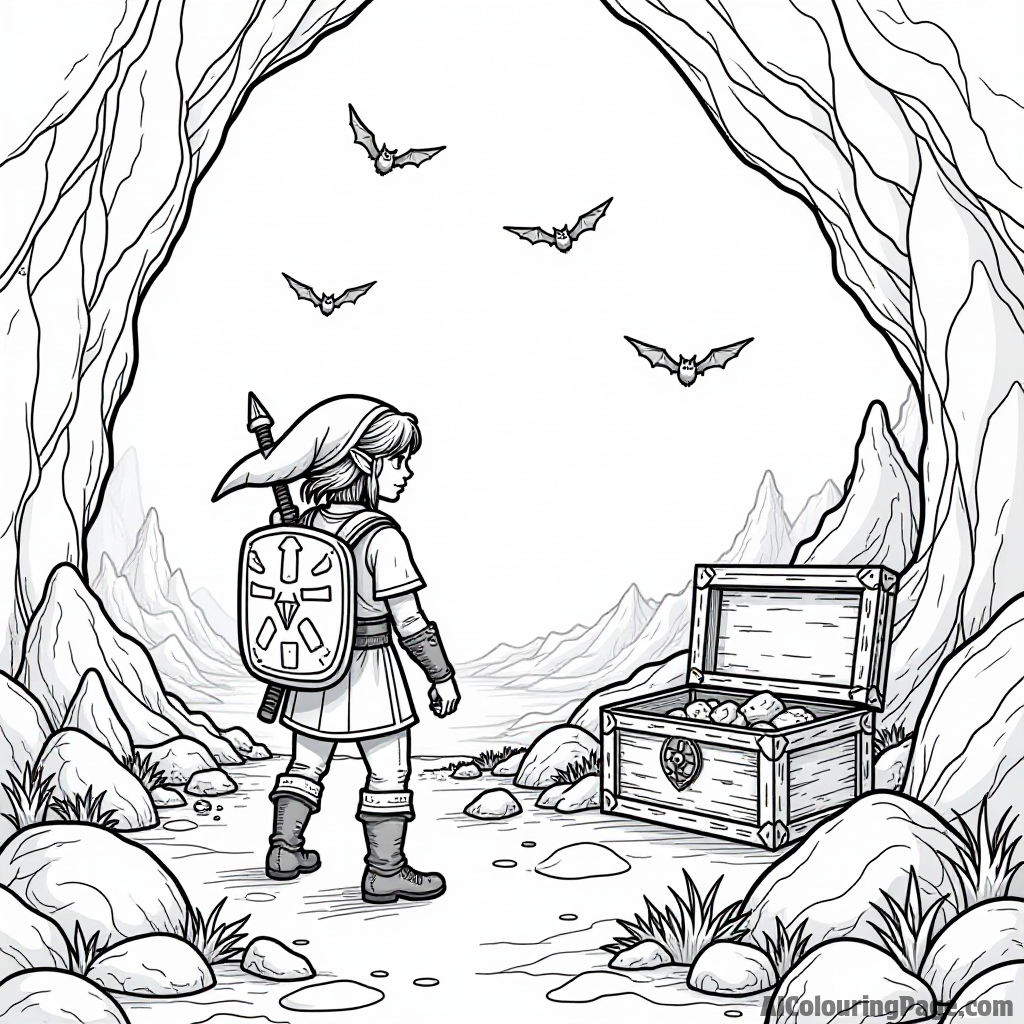 Link exploring a dark cave filled with glowing crystals, bats flying above, and a mysterious treasure waiting to be discovered