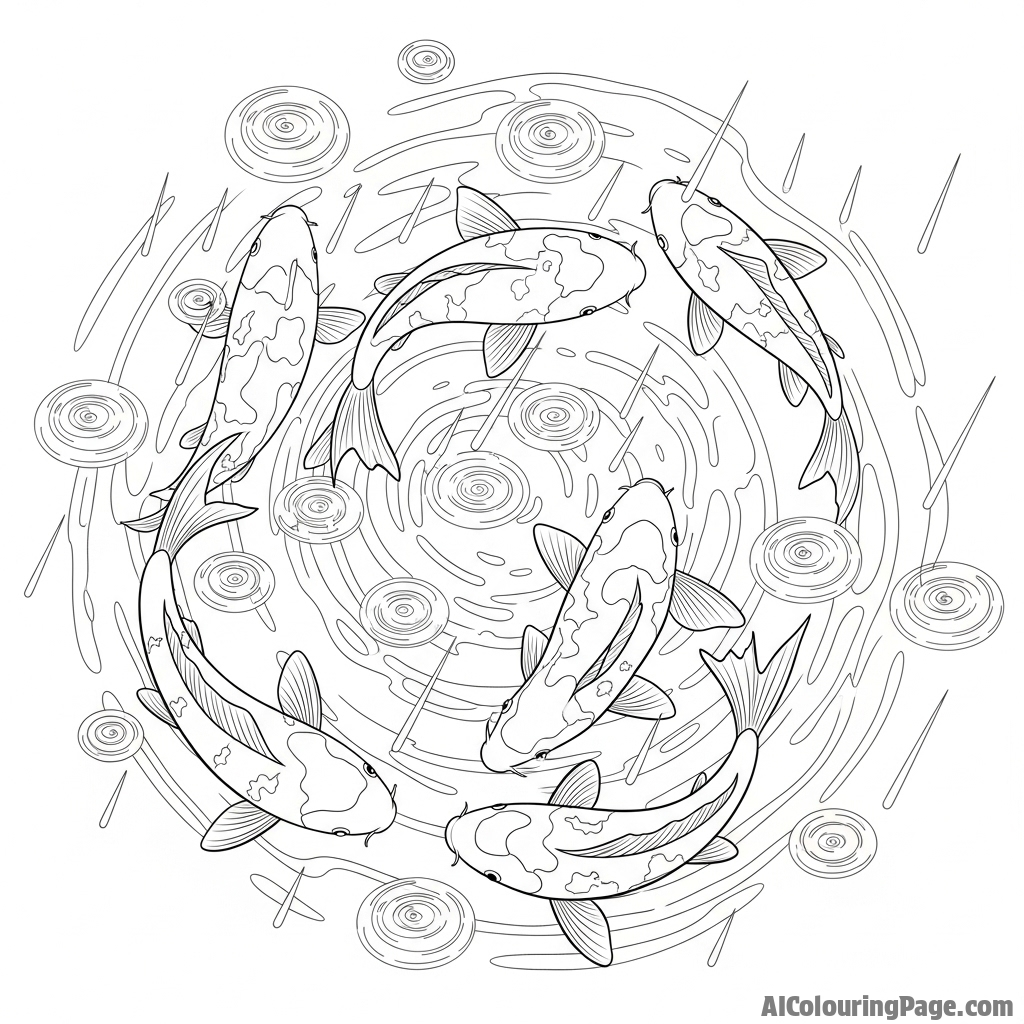 Top-down view of a koi pond during a light drizzle, showing the intersecting rings of fish and raindrops.