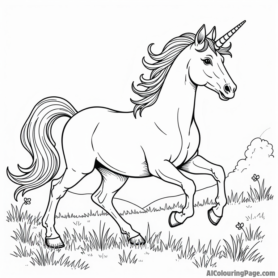 A magical unicorn galloping through a field