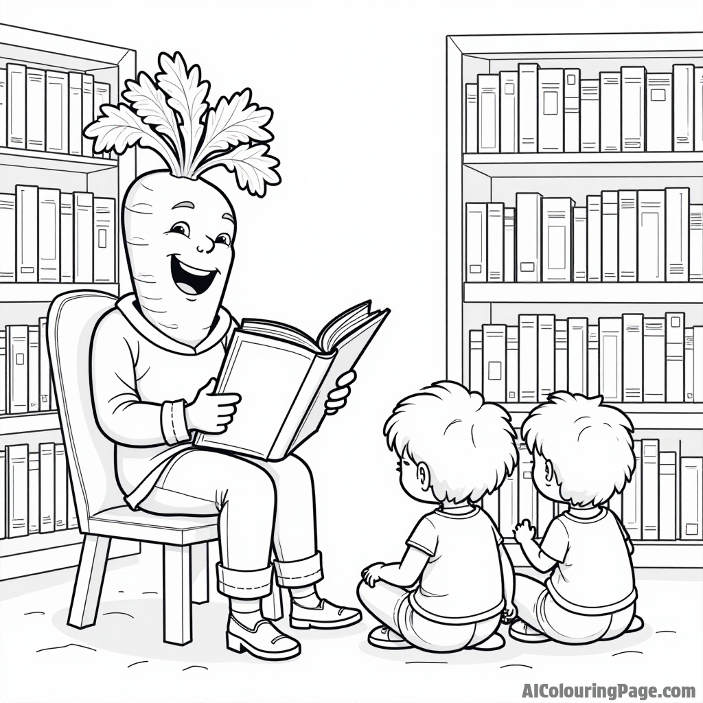 A friendly carrot librarian reading a book to a group of children in a cozy library filled with vegetable-themed books.