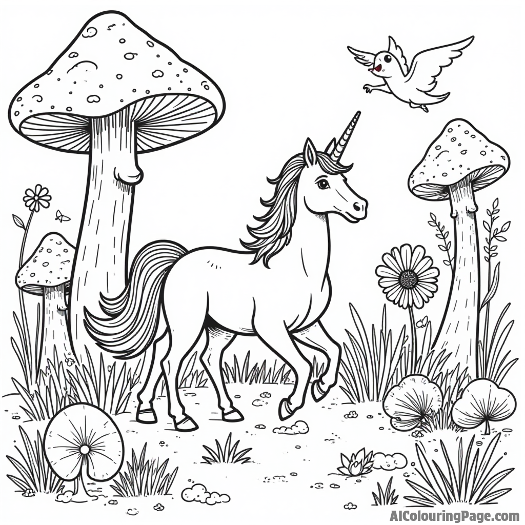 A unicorn wandering through a garden of giant mushrooms and whimsical creatures, inviting creativity in a fantastical coloring adventure.