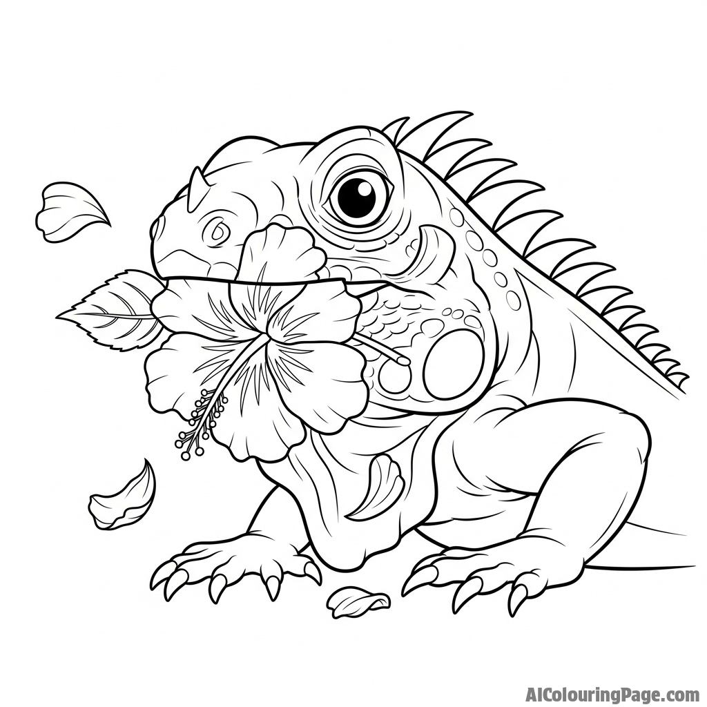 An iguana eating a hibiscus flower, petals caught on its snout.