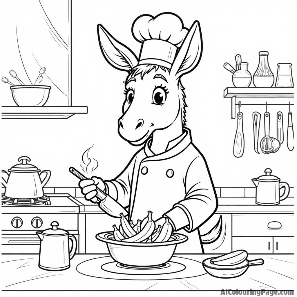 A donkey dressed as a chef cooking bananas, with a stove and kitchen utensils scattered around in a cozy kitchen