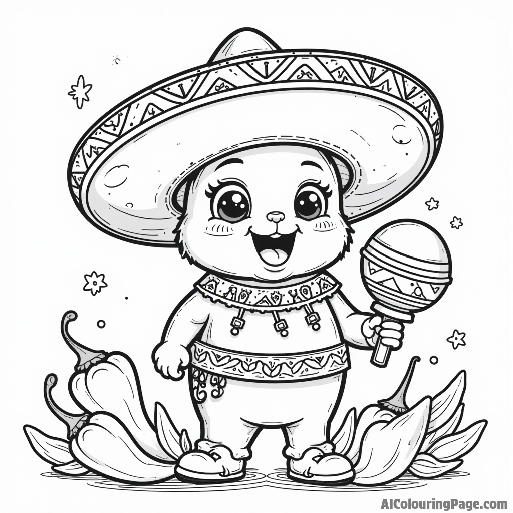 A playful taco character wearing a sombrero, holding a maraca, surrounded by colorful chili peppers, perfect for coloring fun.