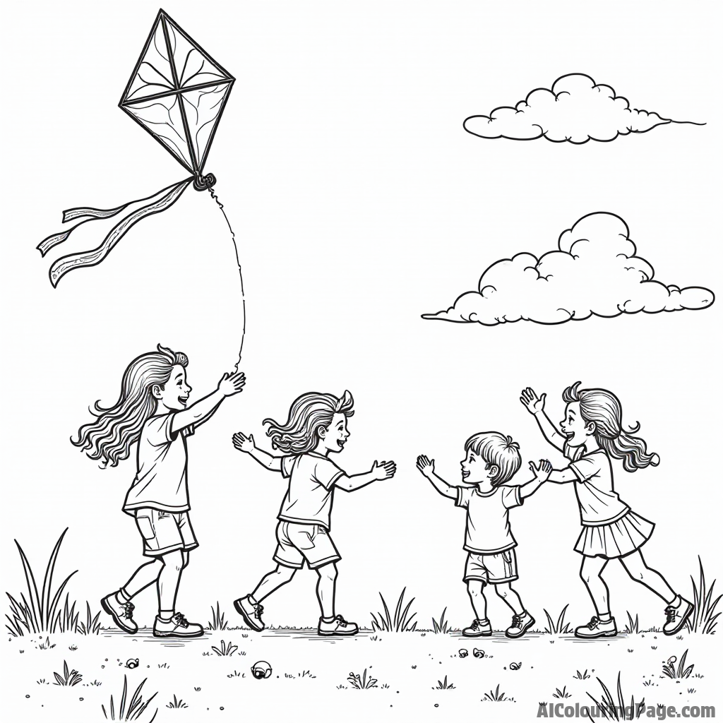 A joyful scene of children flying kites on a bright sunny day, with vibrant kites soaring high in the sky