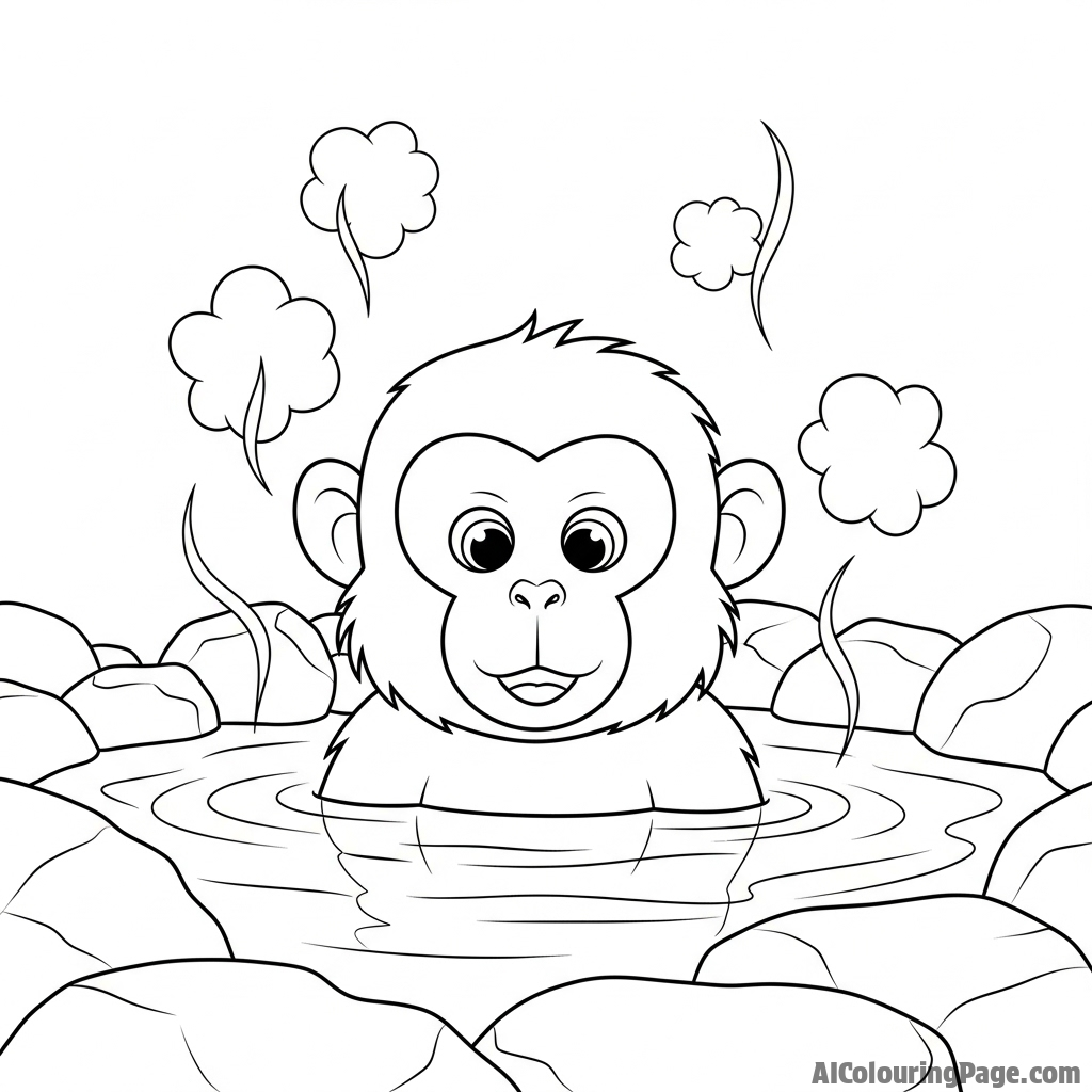 A snow monkey bathing in a natural hot spring, steam rising around it.