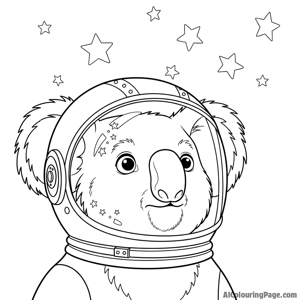 An anthropomorphic koala wearing a tiny vintage astronaut helmet, gazing at the stars.