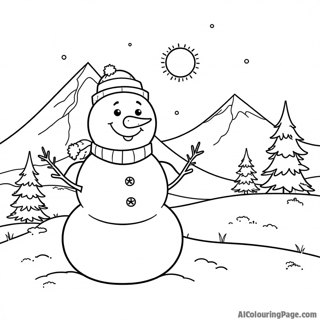 A cheerful snowman standing in front of a snowy mountain landscape, with pine trees and a bright sun above.