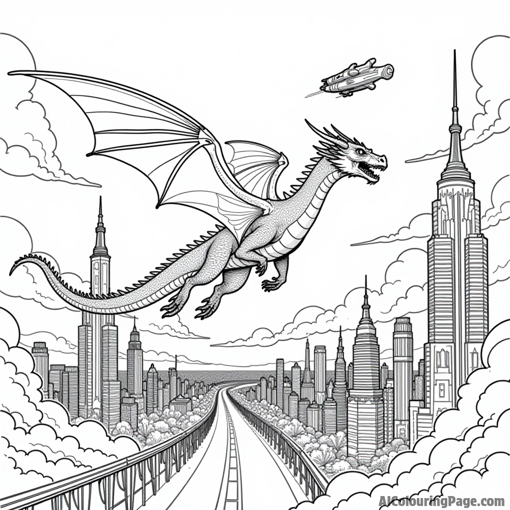 A dragon flying over a futuristic city with towering skyscrapers and flying cars in the distance.